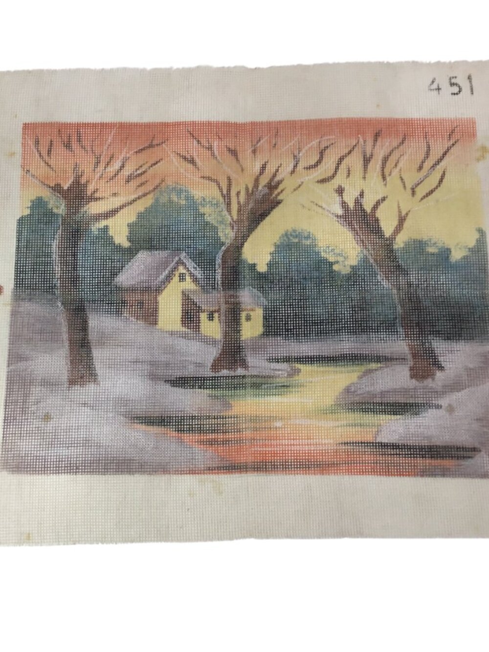 Painted Needlepoint Canvas Vtg #451 Gobelin 10 Mesh 17 x 13" Country Cabin Fall